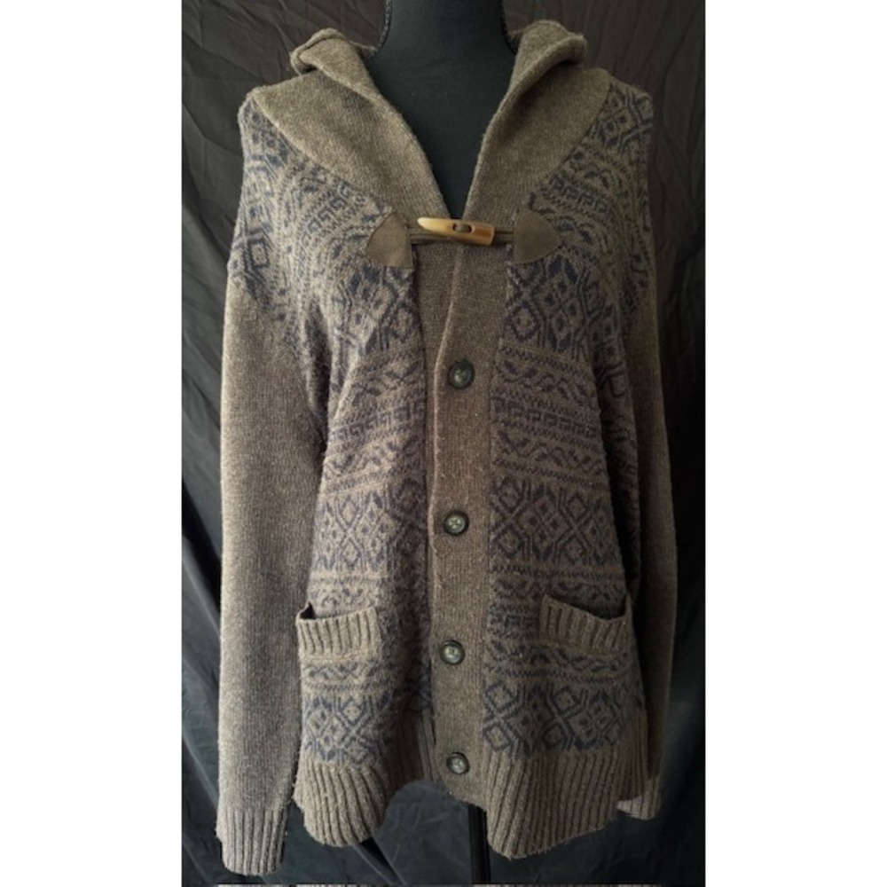 Haggar Mens XL Hooded Cardigan Sweater Wool Blend Fair Isle Toggle Button Brown
